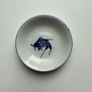 Blue and White Ceramic Trinket Dish With Fish Graphic